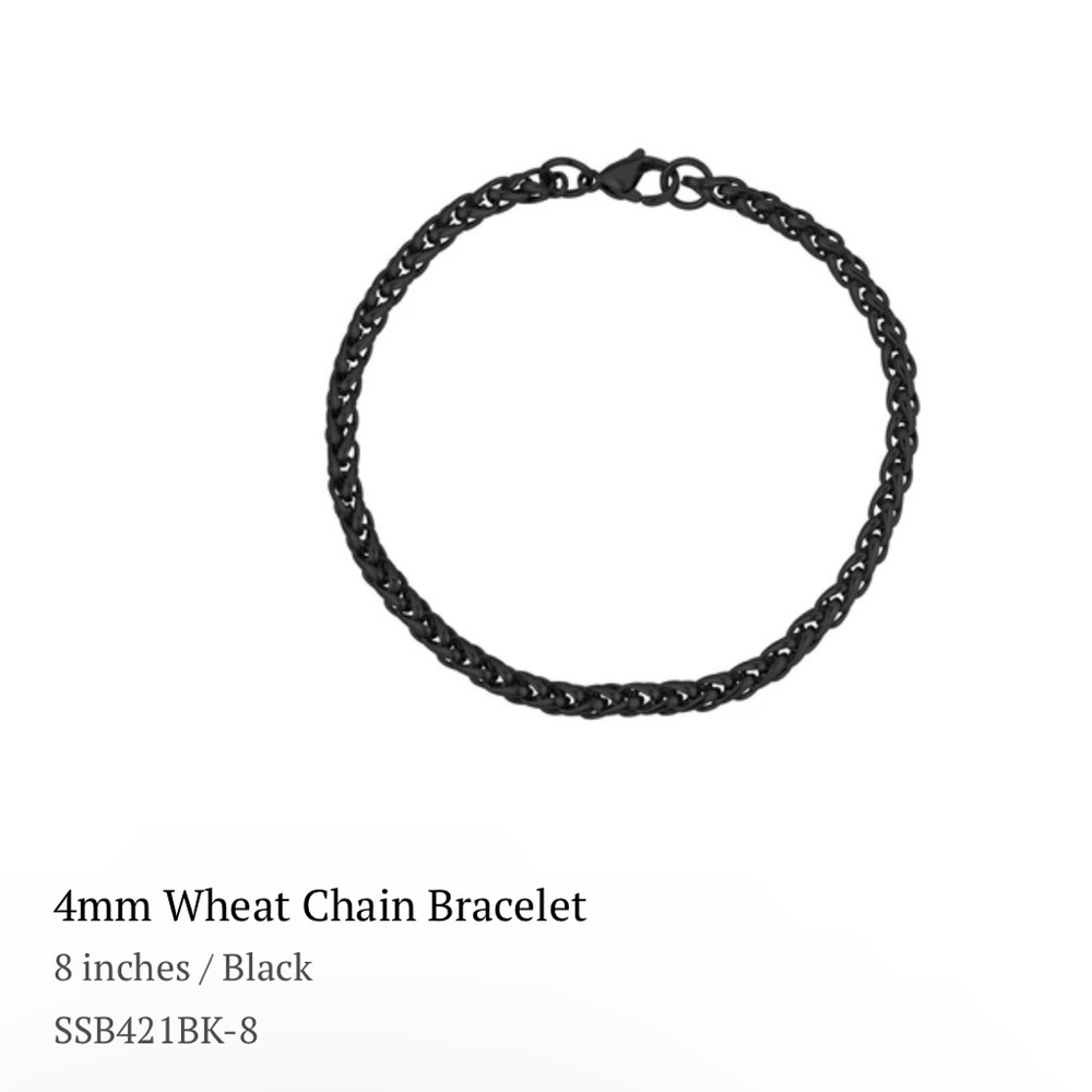 NWT The Steel Shop 4mm wheat chain bracelet. 8inches around. Black.